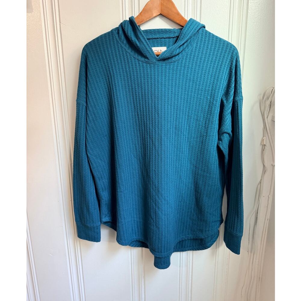 Chaser waffle knit thermal long sleeve pullover hoodie blue size large